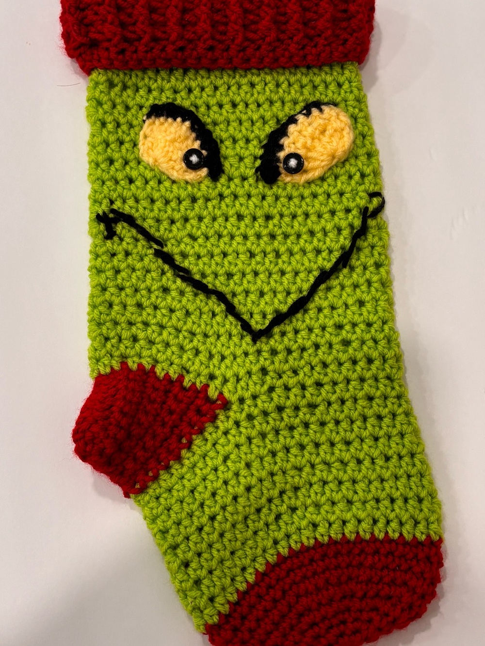 Handmade Kids Crocheted Green & Red Christmas Stocking 16x7”